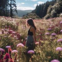 Silhouette von ein jung Frau mit ein lange Haar im ein Feld von Sommer- Blumen beim Sonnenuntergang. generativ ai foto