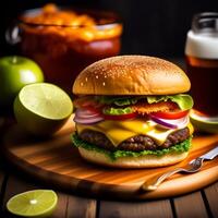 Foto Essen zum schnell Essen im bilden von köstlich heiß hausgemacht Burger mit Fleisch Schnitzel und Gemüse generativ ai