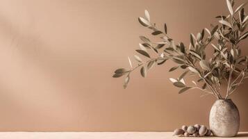 Olive Ast Blätter auf Beige Hintergrund. Illustration ai generativ foto