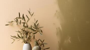 Olive Baum Ast auf Beige Hintergrund. Illustration ai generativ foto