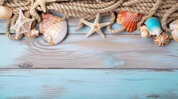 Blau Sommer- Hintergrund mit Muscheln. Illustration ai generativ foto