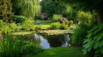 Teich im das Sommer- Garten. Illustration ai generativ foto