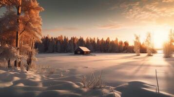 wenig Haus im Winter Illustration ai generativ foto