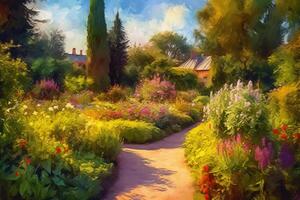 Sommer- Garten im das Stil von Impressionismus Gemälde Illustration ai generativ foto