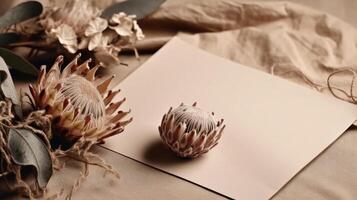 getrocknet Protea Blume mit leer Papier Karte. Luxus Hintergrund. Illustration ai generativ foto