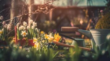 Frühling Gartenarbeit. Illustration ai generativ foto