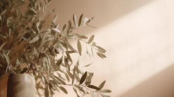 Olive Baum Ast auf Beige Hintergrund. Illustration ai generativ foto