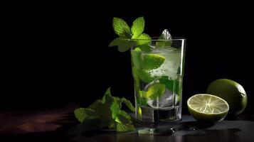 Mojito Cocktail auf ein Tabelle im Sommer- Bar, Alkohol Cocktails mit Rum, Kalk, Minze, Eis Würfel und braun Zucker Nahaufnahme, Party trinken. isoliert auf schwarz Hintergrund, selektiv Fokus generativ ai foto