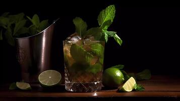 Mojito Cocktail auf ein Tabelle im Sommer- Bar, Alkohol Cocktails mit Rum, Kalk, Minze, Eis Würfel und braun Zucker Nahaufnahme, Party trinken. isoliert auf schwarz Hintergrund, selektiv Fokus generativ ai foto