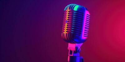 Studio Podcast Mikrofon auf Gradient Neon- Hintergrund foto