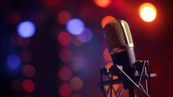 Studio Podcast Mikrofon auf verschwommen Neon- Hintergrund foto