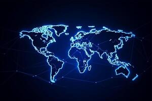 Welt Karte mit global Technologie Sozial Verbindung Netzwerk mit Beleuchtung und Punkte foto
