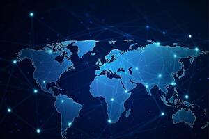 Welt Karte mit global Technologie Sozial Verbindung Netzwerk mit Beleuchtung und Punkte, generativ ai foto