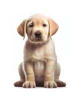 klein Labrador Hündchen auf Weiß Hintergrund, erstellt mit generativ ai foto
