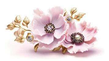 generativ ai, schön Licht Rosa Blumen Brosche, Opal Stein und golden Farbe Palette isoliert auf Weiß Hintergrund. Schmuck, Schmuck schließen oben foto