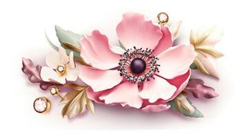 generativ ai, schön Licht Rosa Blumen Brosche, Opal Stein und golden Farbe Palette isoliert auf Weiß Hintergrund. Schmuck, Schmuck schließen oben foto