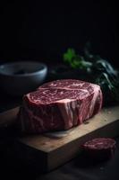 roh Rindfleisch Steak auf Schneiden Tafel mit Kräuter und Gewürze auf hölzern Hintergrund foto