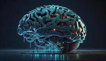 generativ ai Illustration von künstlich Intelligenz technologisch Gehirn mit glühend lila Neon- Beleuchtung gegen dunkel Hintergrund foto