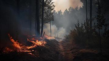 Wald Feuer im das Wald. das Konzept von Katastrophe und Ökologie, brennen trocken Gras und Bäume im das Wald foto