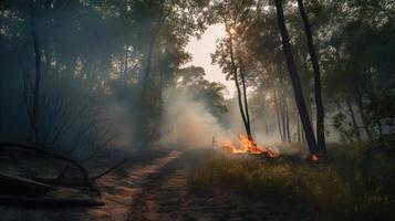 Wald Feuer im das Wald. das Konzept von Katastrophe und Ökologie, brennen trocken Gras und Bäume im das Wald foto