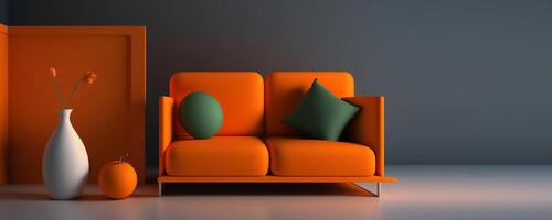 Wohnzimmer Innere mit Orange Sofa und klar Zimmer, generativ ai foto