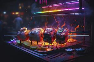 gegrillt Fleisch im Neon- Farben. generativ ai. foto