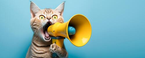 süß Katze hält ein Gelb Lautsprecher im es ist schreien und ankündigen auf ein Blau Hintergrund, ai generativ foto