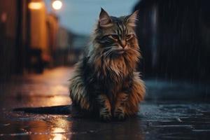 Katze im Abend Regen Straße. generieren ai foto