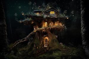 Nacht Baum Haus. Fantasie Wald. generieren ai foto