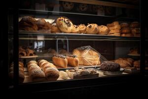 Bäckerei Innere mit Anzeige Zähler voll von lecker Brot und Gebäck. Geschäft ein Konditorei oder Bäckerei mit Croissants, Apfel Kuchen, Waffeln, und Churros. frisch gebacken Gebäck. generativ ai foto