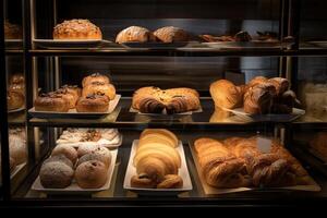 Bäckerei Innere mit Anzeige Zähler voll von lecker Brot und Gebäck. Geschäft ein Konditorei oder Bäckerei mit Croissants, Apfel Kuchen, Waffeln, und Churros. frisch gebacken Gebäck. generativ ai foto