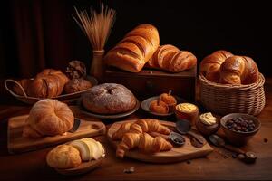 Bäckerei Innere mit Anzeige Zähler voll von lecker Brot und Gebäck. Geschäft ein Konditorei oder Bäckerei mit Croissants, Apfel Kuchen, Waffeln, und Churros. frisch gebacken Gebäck. generativ ai foto