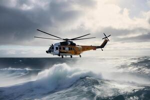 Notfall Rettung Hubschrauber fliegt Über Meer Oberfläche, suchen zum die Opfer nach Absturz. generativ ai foto