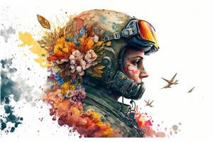 Illustration von Pilot im Helm mit Blumen um, Weiß Hintergrund. ai foto