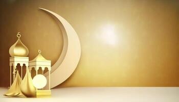 Ramadan Gruß Banner mit golden Gelb Hintergrund ai generiert foto