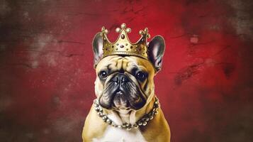 Stier Terrier Hund mit ein golden Krone ai generiert foto