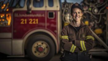 ein schön lächelnd jung weiblich Feuerwehrmann neben von ein verschwommen Feuer Bahnhof Hintergrund ai generiert foto