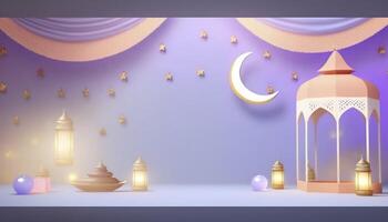 Ramadan Gruß Banner mit bunt lila Hintergrund ai generiert foto
