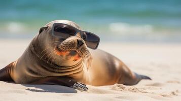 Meer Löwe auf das Strand mit Sonnenbrille ai generiert foto