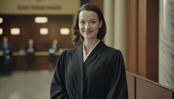 ein schön lächelnd weiblich Staatsanwalt tragen Staatsanwaltschaft Kleid Innerhalb ein verschwommen Gerichtsgebäude ai generiert foto