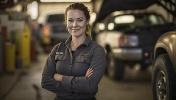 ein schön lächelnd jung weiblich Mechaniker im Vorderseite von ein Auto Reparatur Geschäft Hintergrund ai generiert foto