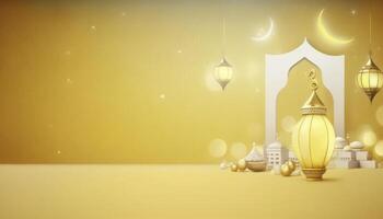 Ramadan Gruß Banner mit golden Gelb Hintergrund ai generiert foto