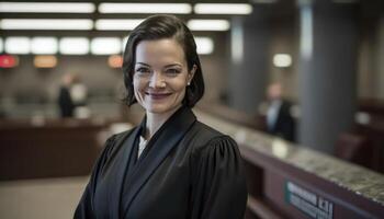 ein schön lächelnd weiblich Staatsanwalt tragen Staatsanwaltschaft Kleid Innerhalb ein verschwommen Gerichtsgebäude ai generiert foto