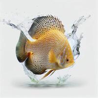 ein Ultra realistisch Diskus Fisch Das springt durch planschen auf ein Weiß Hintergrund ai generiert foto