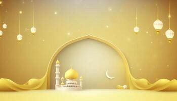 Ramadan Gruß Banner mit golden Gelb Hintergrund ai generiert foto