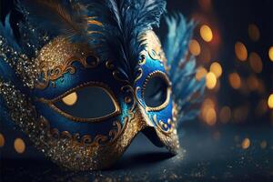realistisch Luxus Karneval Maske mit Blau Gefieder. abstrakt verschwommen Hintergrund, Gold Staub, und Licht Auswirkungen. generativ ai foto