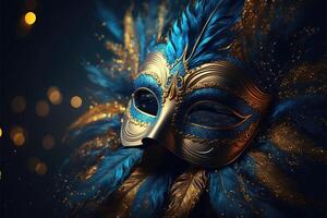 realistisch Luxus Karneval Maske mit Blau Gefieder. abstrakt verschwommen Hintergrund, Gold Staub, und Licht Auswirkungen. generativ ai foto