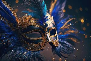 realistisch Luxus Karneval Maske mit Blau Gefieder. abstrakt verschwommen Hintergrund, Gold Staub, und Licht Auswirkungen. generativ ai foto