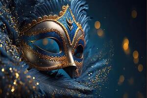 realistisch Luxus Karneval Maske mit Blau Gefieder. abstrakt verschwommen Hintergrund, Gold Staub, und Licht Auswirkungen. generativ ai foto