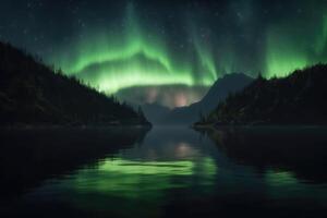 Polarlichter im Grün Farbe und Sterne Über ein See mit Reflexionen von das Himmel erstellt mit generativ ai Technologie. foto